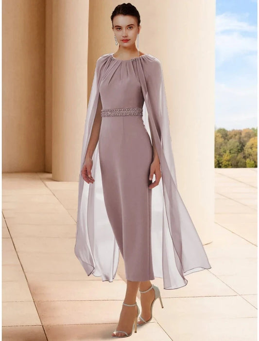 Chic Sheath Sleeveless Beaded Waist Cape Chiffon Tea-Length Mother of the Bride Dress