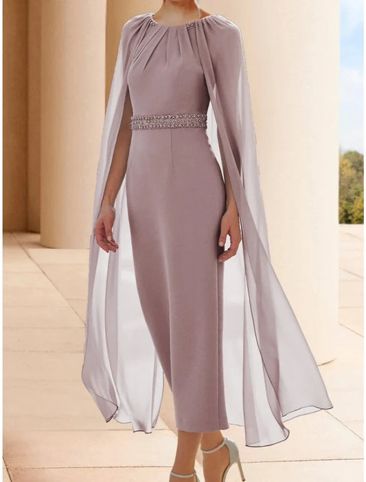 Chic Sheath Sleeveless Beaded Waist Cape Chiffon Tea-Length Mother of the Bride Dress
