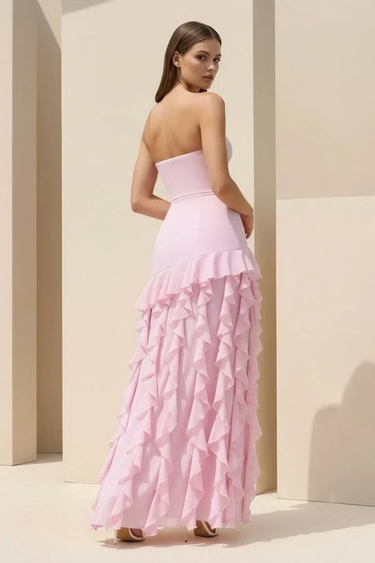 Chic Sheath Strapless Sleeveless Ruffled Chiffon Blushing Pink Long Prom Dress with Slit