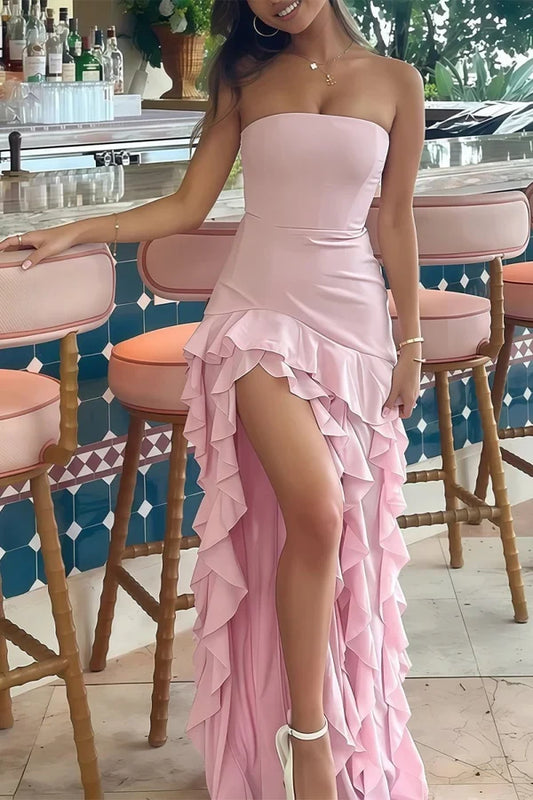 Chic Sheath Strapless Sleeveless Ruffled High Slit Chiffon Long Prom Dress