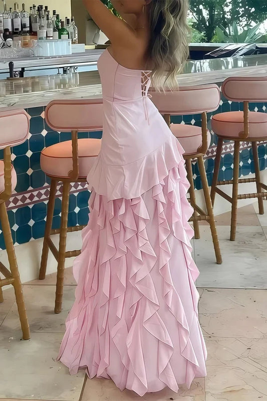 Chic Sheath Strapless Sleeveless Ruffled High Slit Chiffon Long Prom Dress
