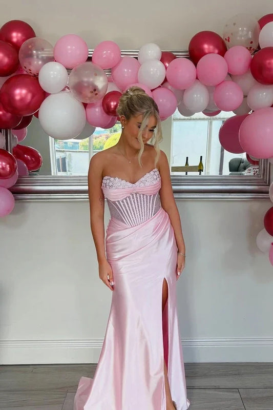 Chic Sheath Sweetheart Sleeveless Beaded Corset Satin Blushing Pink Floor-Length Prom Dress