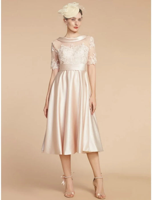 Classy A-Line Short Sleeve Lace Bodice Satin Tea-Length Mother of the Bride Dress
