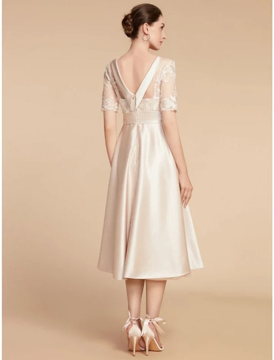 Classy A-Line Short Sleeve Lace Bodice Satin Tea-Length Mother of the Bride Dress