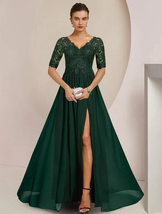 Classy A-Line V-Neck Half Sleeve Lace Bodice Dark Green Chiffon Floor-Length Mother of the Bride Dress