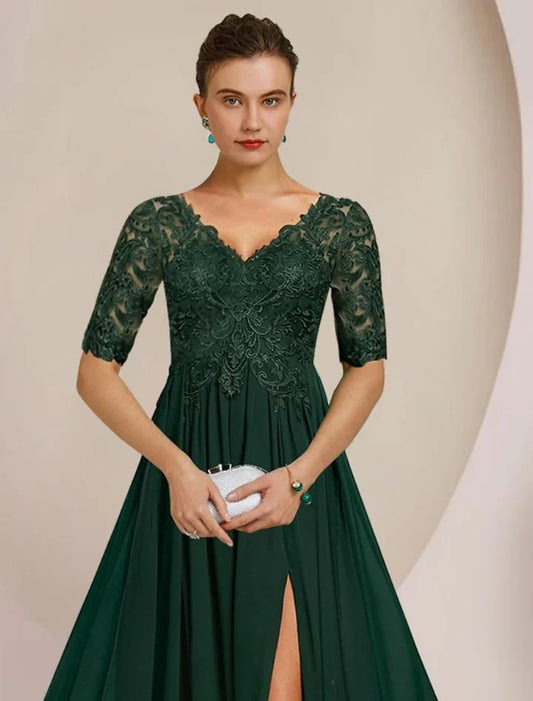 Classy A-Line V-Neck Half Sleeve Lace Bodice Dark Green Chiffon Floor-Length Mother of the Bride Dress