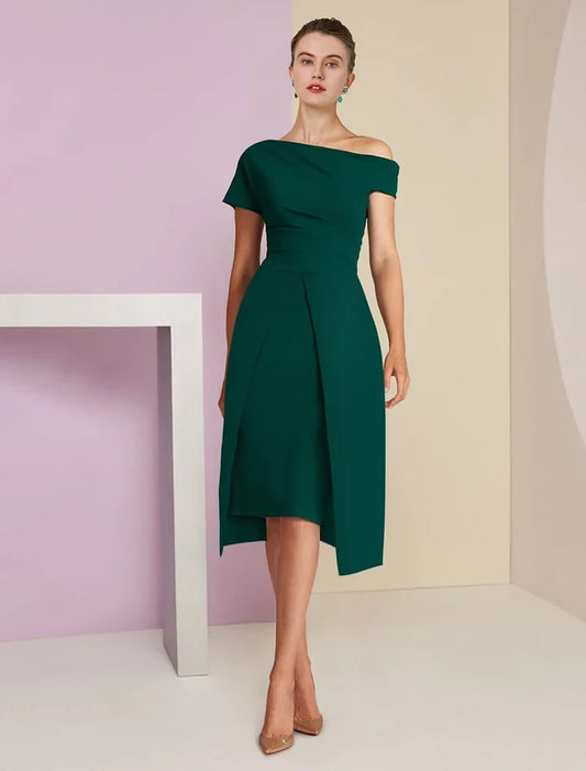 Classy Sheath One-Shoulder Short Sleeve Draped Asymmetric Tea-Length Mother of the Bride Dress