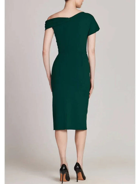 Classy Sheath One-Shoulder Short Sleeve Draped Asymmetric Tea-Length Mother of the Bride Dress