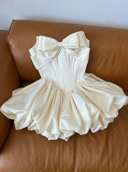 Cute Strapless A Line Sleeveless Bow Detail Satin Short-Length Homecoming Dress