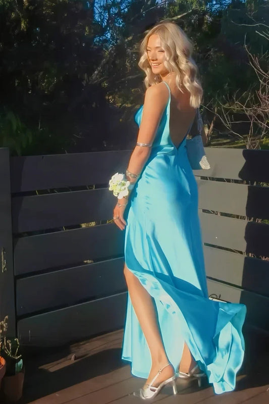 Elegant A-Line Cowl Neck Sleeveless High Slit Backless Satin Floor-Length Party Dress