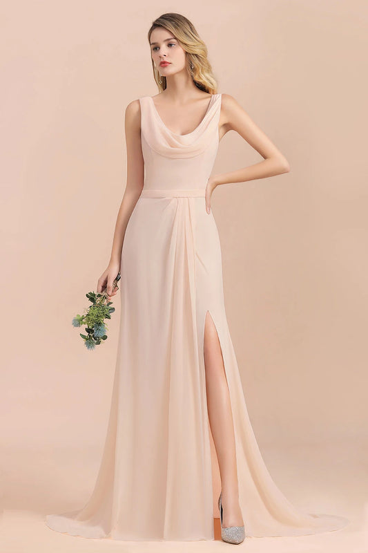 Elegant A-Line Cowl Neck Sleeveless High Slit Draped Chiffon Blushing Pink Floor-Length Prom Dress