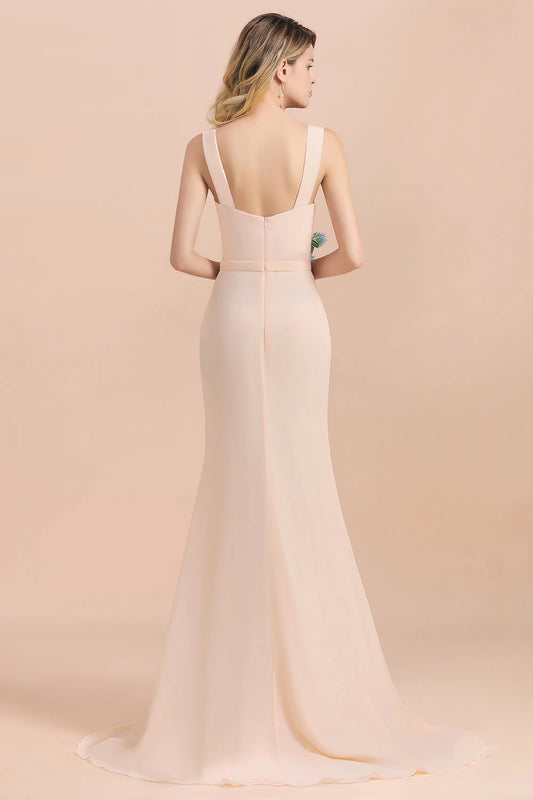 Elegant A-Line Cowl Neck Sleeveless High Slit Draped Chiffon Blushing Pink Floor-Length Prom Dress