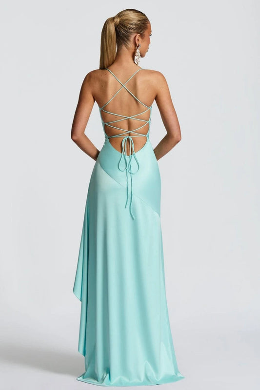 Elegant A-Line Cowl Neck Sleeveless High Slit Ruffled Satin Turquoise High-Low Prom Dress