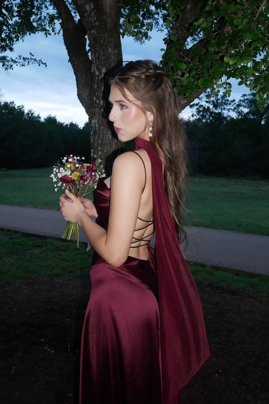 Elegant A-Line Cowl Neck Sleeveless Lace-Up Back Satin Burgundy Tea-Length Prom Dress