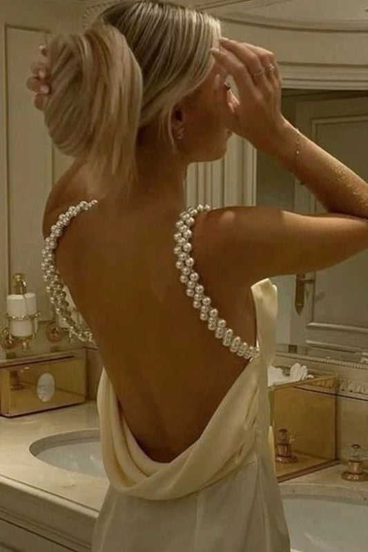 Elegant A-Line Cowl Neck Sleeveless Pearl Strap Back Satin Champagne Floor-Length Prom Dress
