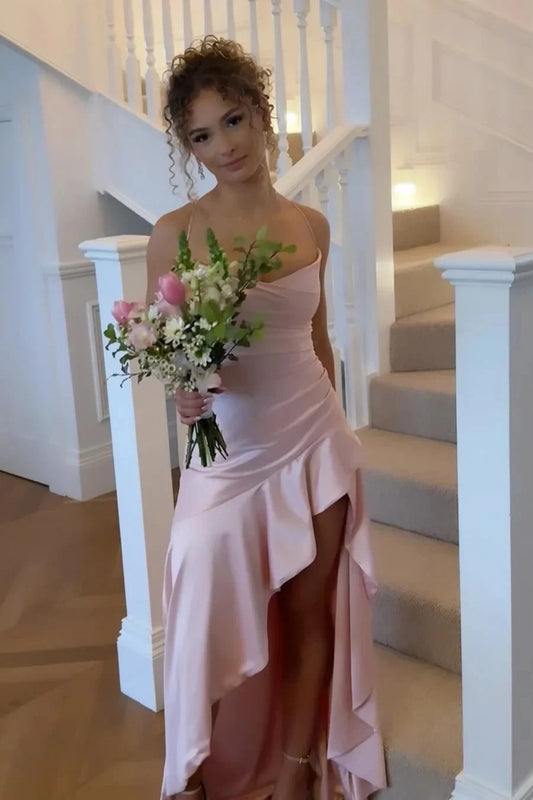 Elegant A-Line Cowl Neck Sleeveless Ruffled High Low Satin Blushing Pink Prom Dress