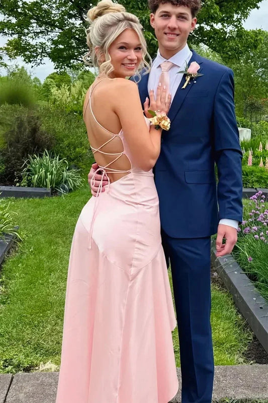 Elegant A-Line Cowl Neck Sleeveless Ruffled High Low Satin Blushing Pink Prom Dress