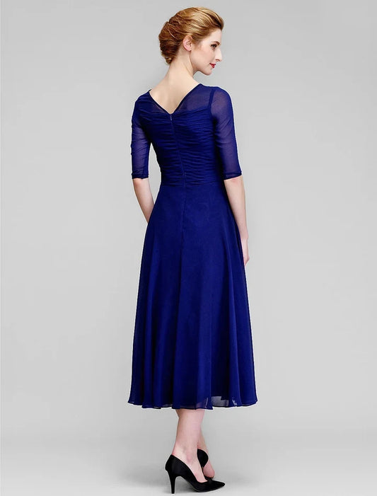 Elegant A-Line Half Sleeve Ruched Draped Chiffon Tea-Length Mother of the Bride Dress