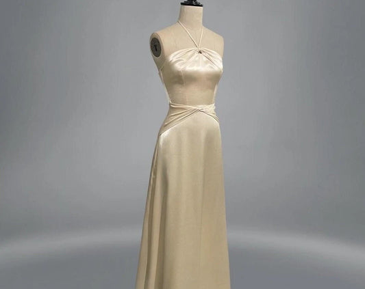 Elegant A-Line Halter Sleeveless Draped Waist Satin Champagne Floor-Length Prom Dress
