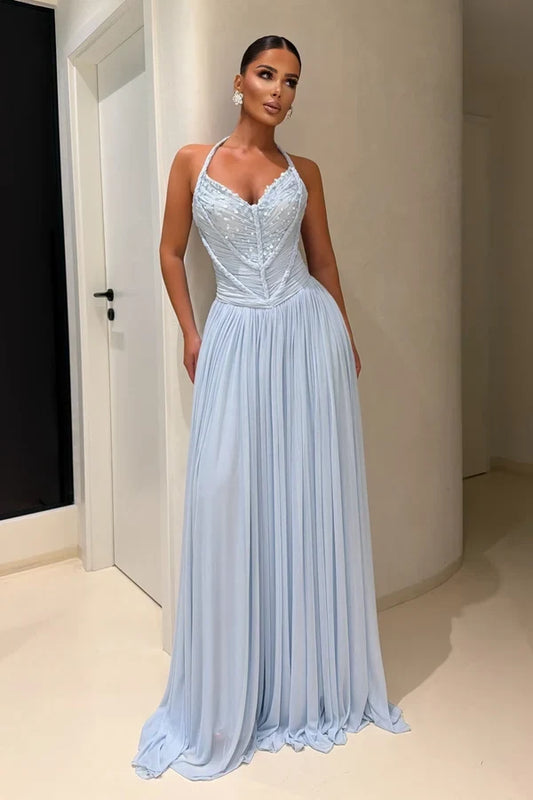 Elegant A-Line Halter Sleeveless Embellished Ruched Chiffon Light Blue Floor-Length Prom Dress