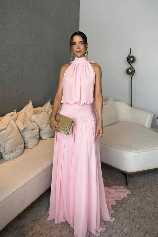 Elegant A-Line Halter Sleeveless Open Back Chiffon Floor-Length Prom Dress
