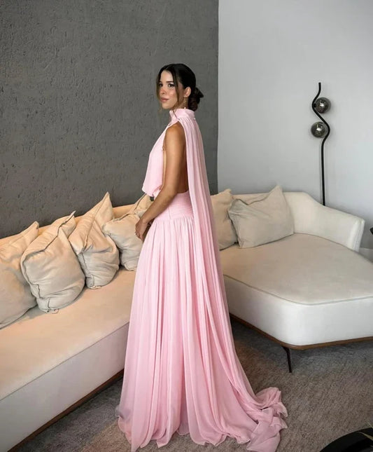 Elegant A-Line Halter Sleeveless Open Back Chiffon Floor-Length Prom Dress