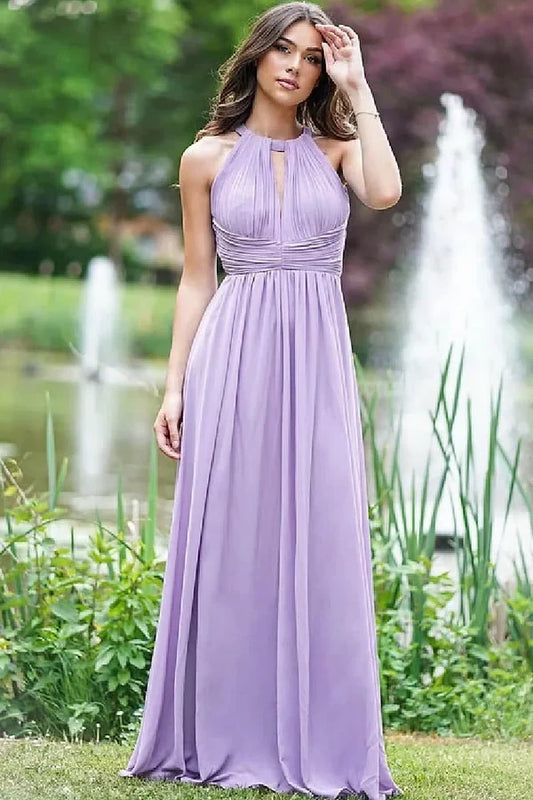 Elegant A-Line Halter Sleeveless Open Back Pleated Chiffon Floor-Length Prom Dress