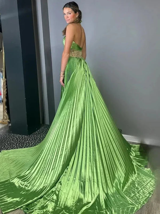 Elegant A-Line Halter Sleeveless Pleated Beaded Satin Green Long Prom Dress with Slit