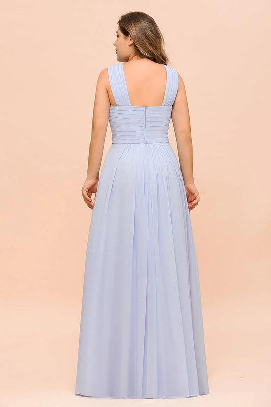 Elegant A-Line Halter Sleeveless Pleated Bodice Criss-Cross Chiffon Lavender Floor-Length Prom Dress