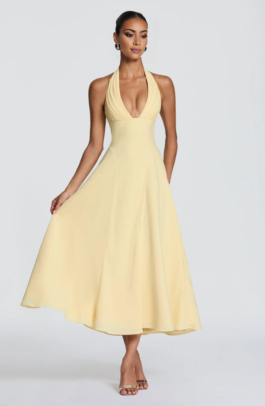 Elegant A-Line Halter Sleeveless Ruched Bodice Lace-Up Chiffon Lemon Tea-Length Homecoming Party Dress