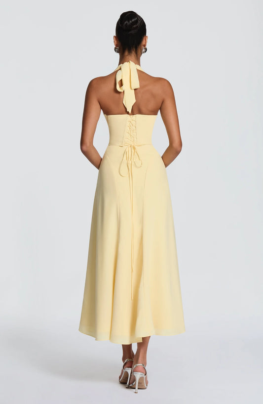 Elegant A-Line Halter Sleeveless Ruched Bodice Lace-Up Chiffon Lemon Tea-Length Homecoming Party Dress