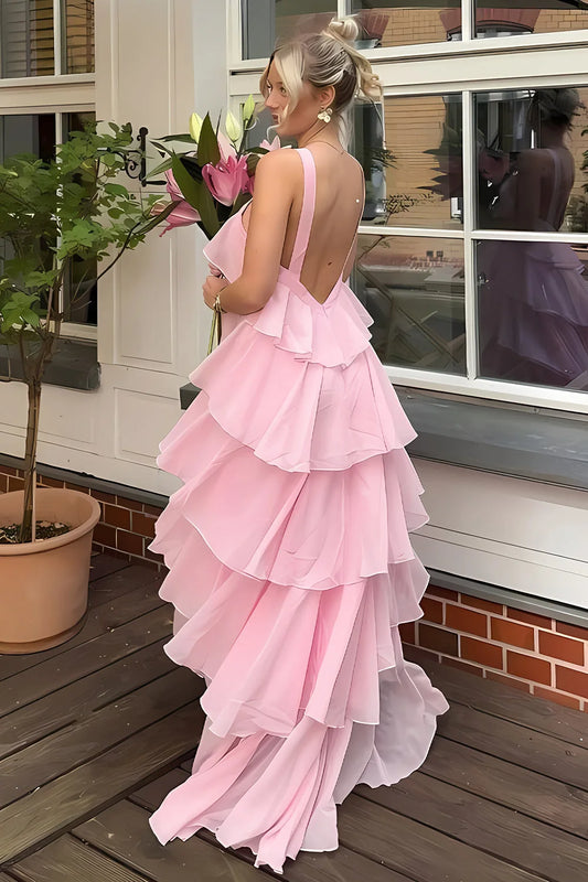 Elegant A-Line Halter Sleeveless Tiered Ruffle Chiffon Blushing Pink Floor-Length Party Dress