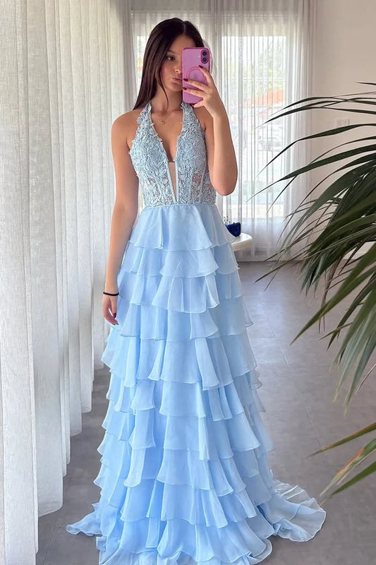 Elegant A-Line Halter Sleeveless Tiered Ruffle Lace Chiffon Floor-Length Prom Dress