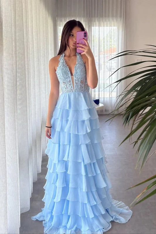 Elegant A-Line Halter V-Neck Sleeveless Ruffled Tiered Chiffon Sky Blue Long Prom Dress with Slit