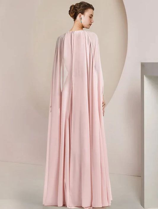 Elegant A-Line High Neck Cape Overlay Chiffon Blushing Pink Floor-Length Mother of the Bride Dress
