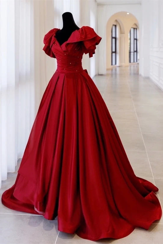 Elegant A-Line Off-the-Shoulder Flutter Sleeve Bow-Back Satin Cabernet Floor-Length Prom Dress