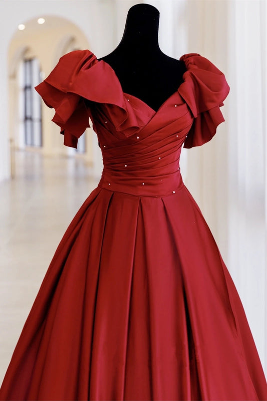 Elegant A-Line Off-the-Shoulder Flutter Sleeve Bow-Back Satin Cabernet Floor-Length Prom Dress