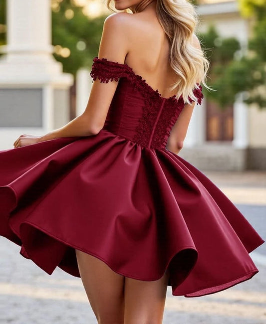 Elegant A-Line Off-the-Shoulder Lace Applique Satin Short Party Homecoming Dress