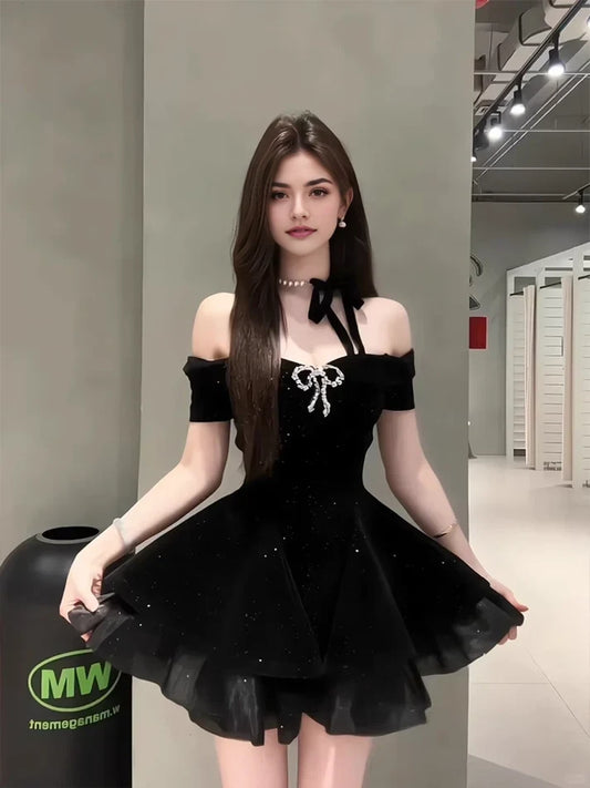 Elegant A-Line Off-the-Shoulder Short Sleeve Layered Bow Black Short Homecoming Dress