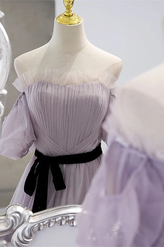Elegant A-Line Off-the-Shoulder Short Sleeve Ruffled Pleated Tulle Lavender Floor-Length Prom Dress