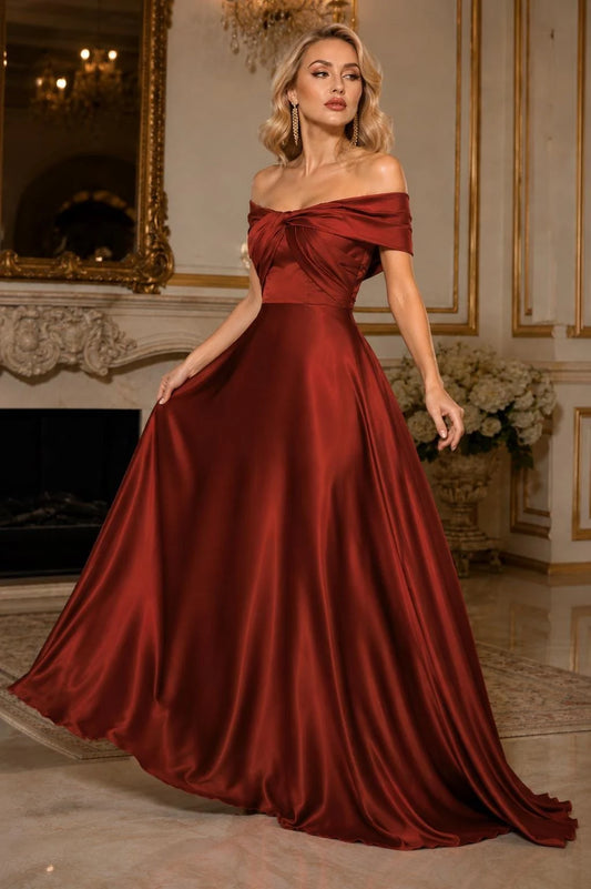 Elegant A-Line Off-the-Shoulder Sleeveless Twisted Bodice Satin Cabernet Floor-Length Evening Gown