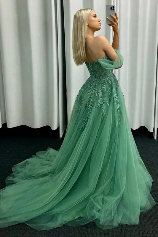 Elegant A-Line Off the Shoulder Sweetheart Tulle Long Prom Dress with Appliques