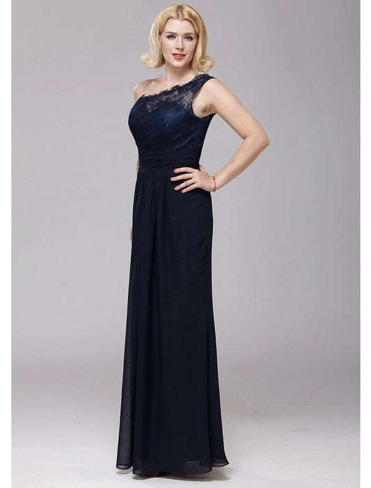 Elegant A-Line One-Shoulder One Sleeve Lace Bodice Lace Chiffon Floor-Length Mother of the Bride Dress
