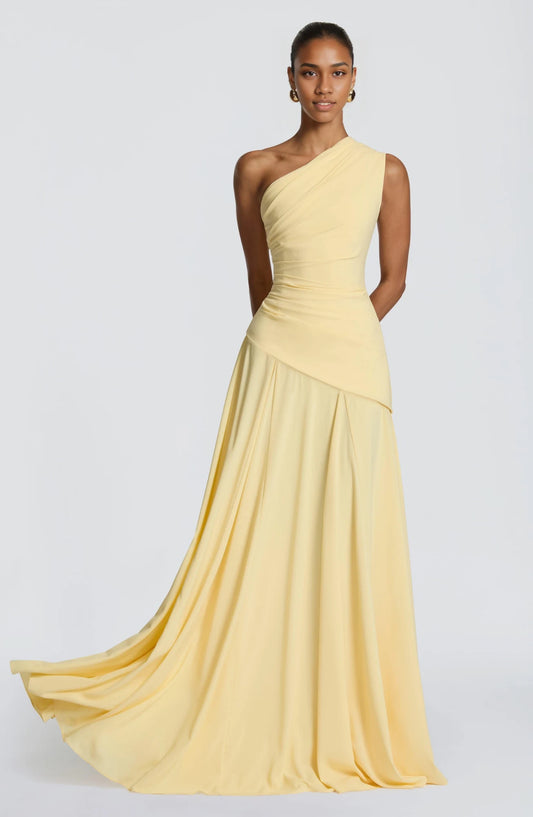 Elegant A-Line One-Shoulder Sleeveless Draped Bodice Chiffon Floor-Length Prom Dress