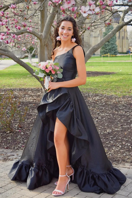 Elegant A-Line One-Shoulder Sleeveless Ruffled High-Low Satin Black Prom Dress