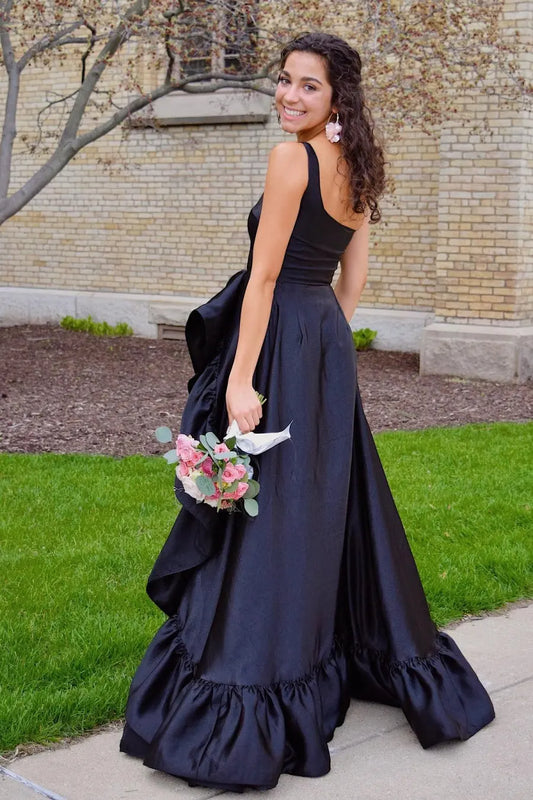 Elegant A-Line One-Shoulder Sleeveless Ruffled High-Low Satin Black Prom Dress