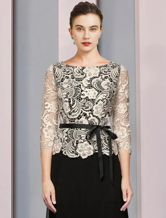 Elegant A-Line Scoop 3/4 Length Sleeves Lace Overlay Floor-Length Mother of the Bride Dress