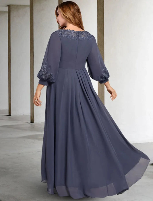 Elegant A-Line Scoop 3/4 Sleeve Embroidered Pleated Chiffon High Low Mother of the Bride Dress