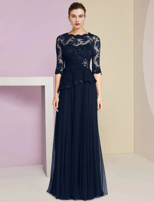 Elegant A-Line Scoop 3/4 Sleeve Lace Sequin Chiffon Floor-Length Mother of the Bride Dress