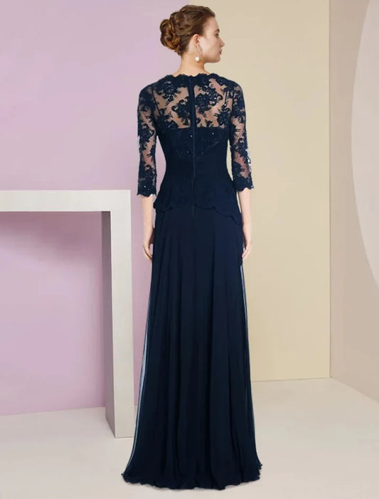 Elegant A-Line Scoop 3/4 Sleeve Lace Sequin Chiffon Floor-Length Mother of the Bride Dress